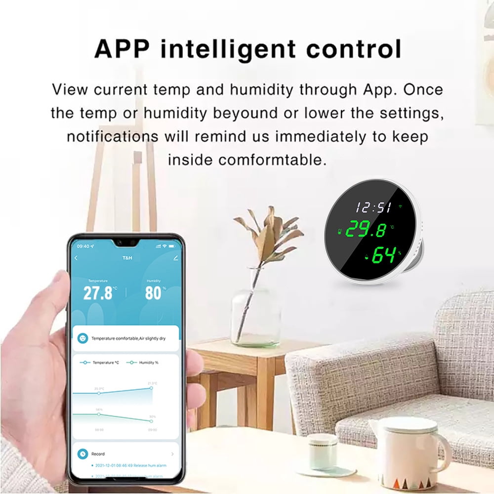 Thermometer Hygrometer: Digital Indoor Temperature Humidity Sensor with LED Backlit Display, App Notification Alert