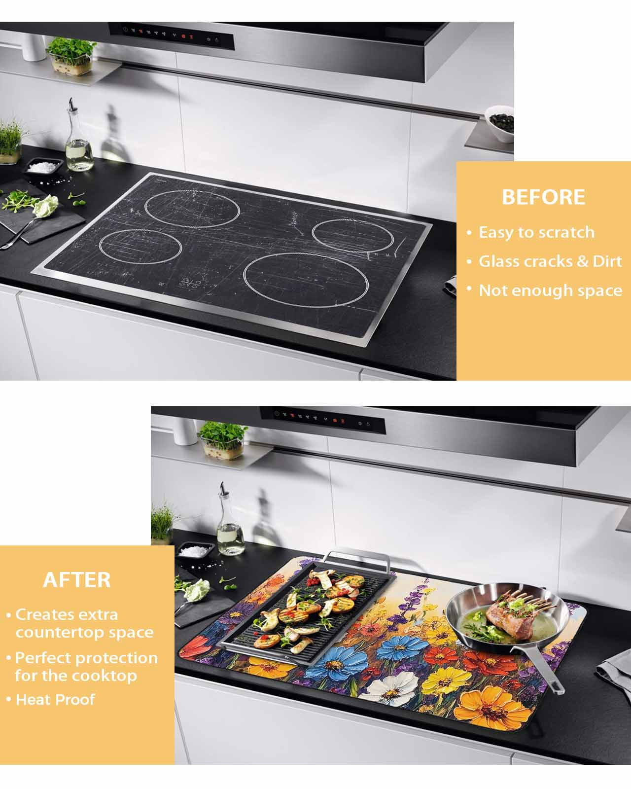 nqOlkjepod Large Induction Cooktop Protector Mat 24"x21", Vintage Flowers Stove Top Covers for Electric Stove, Abstract Oil Painted Farmhouse Botanical Stove Burner Cover Mats, Glass Top Stove Cover