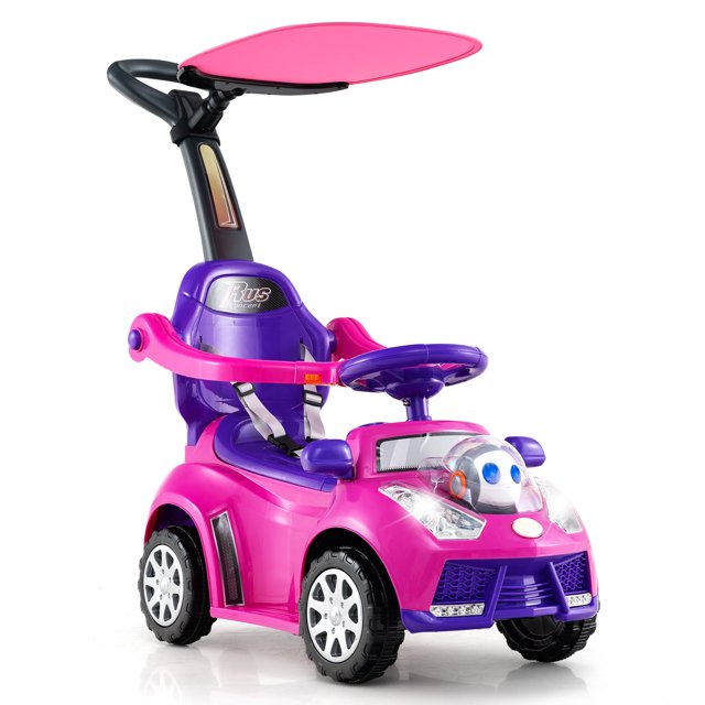 Gymax 3-in-1 Sliding Walker w/ Adjustable Canopy Horn Music & Light for Boys & Girls Pink