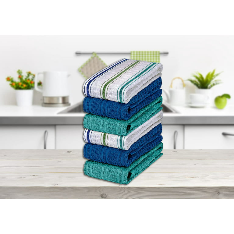 DecorRack 6 Kitchen Towels, 100% Cotton, 16 x 27 inches, White, Navy Blue  and Teal, 6 Pieces 