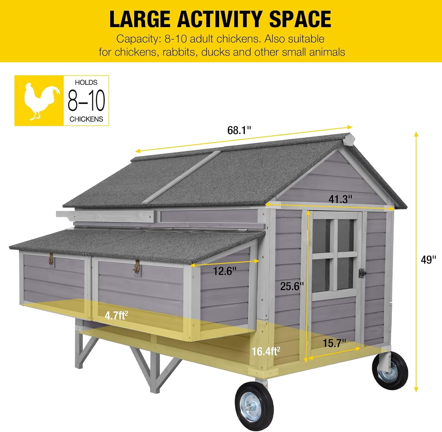 Aivituvin Chicken Coop Super Large Mobile Hen House with Wheels,Strong Iron Frame Outdoor Poultry Cage with Nesting Box,Duck Coop,Rabbit Cage Waterproof