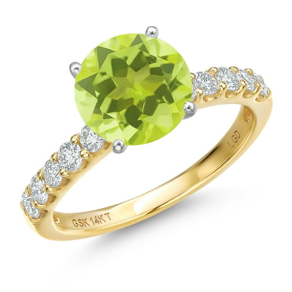 Gem Stone King 14K Two Tone Gold Yellow Lemon Quartz and Lab Grown Diamond Engagement Ring for Women | 1.58 Cttw | Round 7MM | Gemstone Birthstone | Size 5