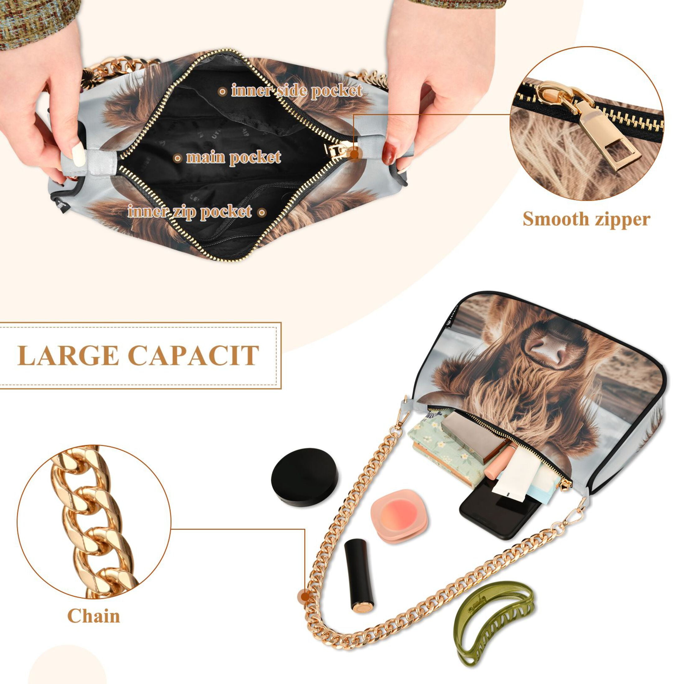 Ryvnso A Highland Cow Womens Chain Shoulder Bag Tote Handbags Clutch Hobo Purse with Zipper for Travel