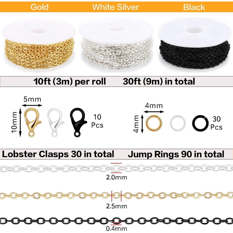 Jewelry Making Chains Kit - 2 Rolls Gold & Silver Plated Cable Chain, 3x4mm Link, 40ft Total