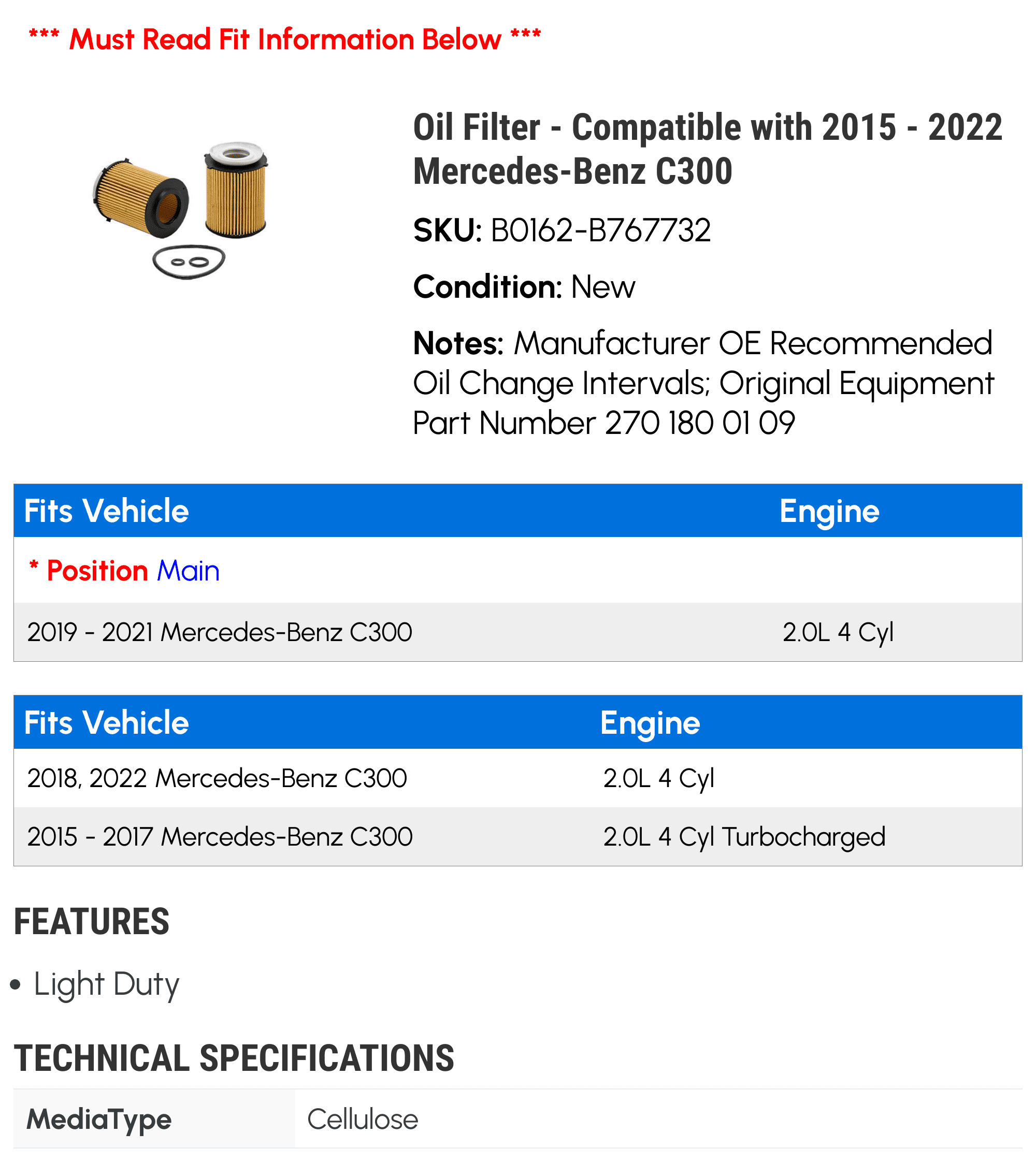 Oil Filter - Compatible with 2015 - 2022 Mercedes-Benz C300 2016 2017 2018 2019 2020 2021