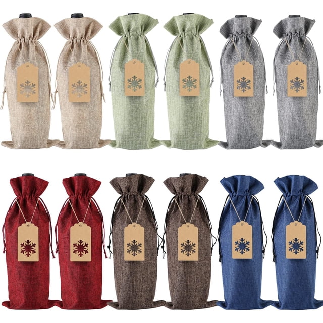Burlap Wine Gift Bags,12 Pcs Jute Drawstring Wine Bottle Covers with Ropes and Tags for Christmas, Wedding, Travel, Birthday, Holiday Party (6 Colors)