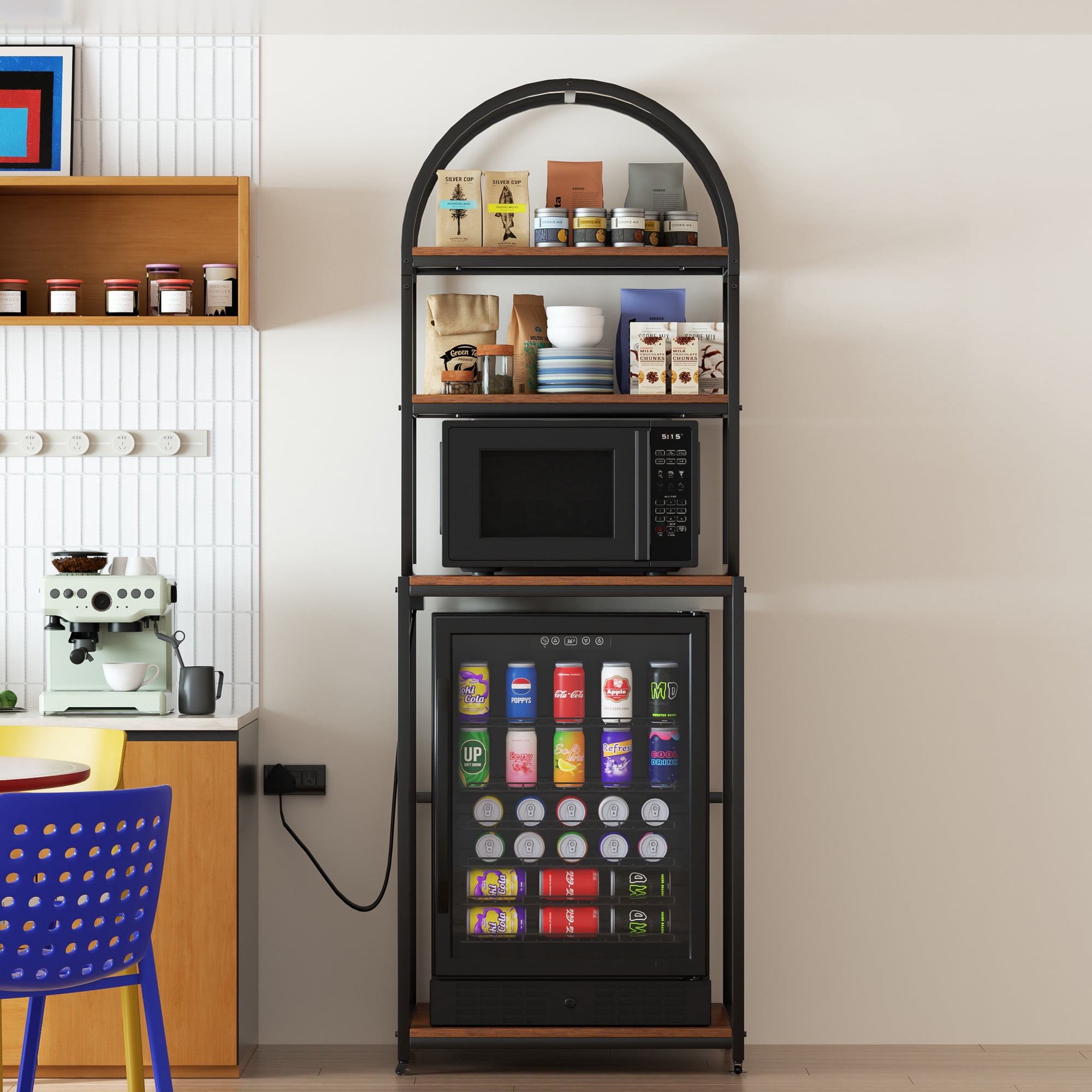 Fridge Stand with Power Outlet and Wheels, 4-Tier Mini Fridge Cabinet with Storage, Kitchen Storage Shelf Rack for Living Dining Room