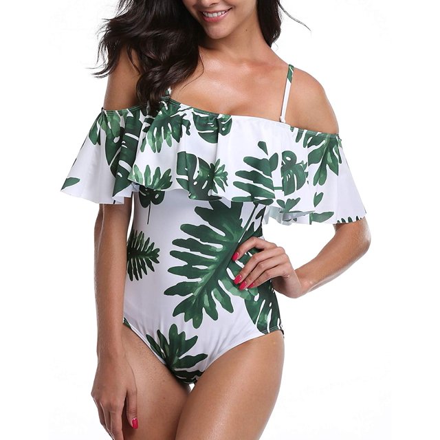 Women One Piece Plus Size Swimwear Ruffle Flounce Off Shoulder Printed Monokini Swimsuits Leaves Printing Swimwear Bathing Suits