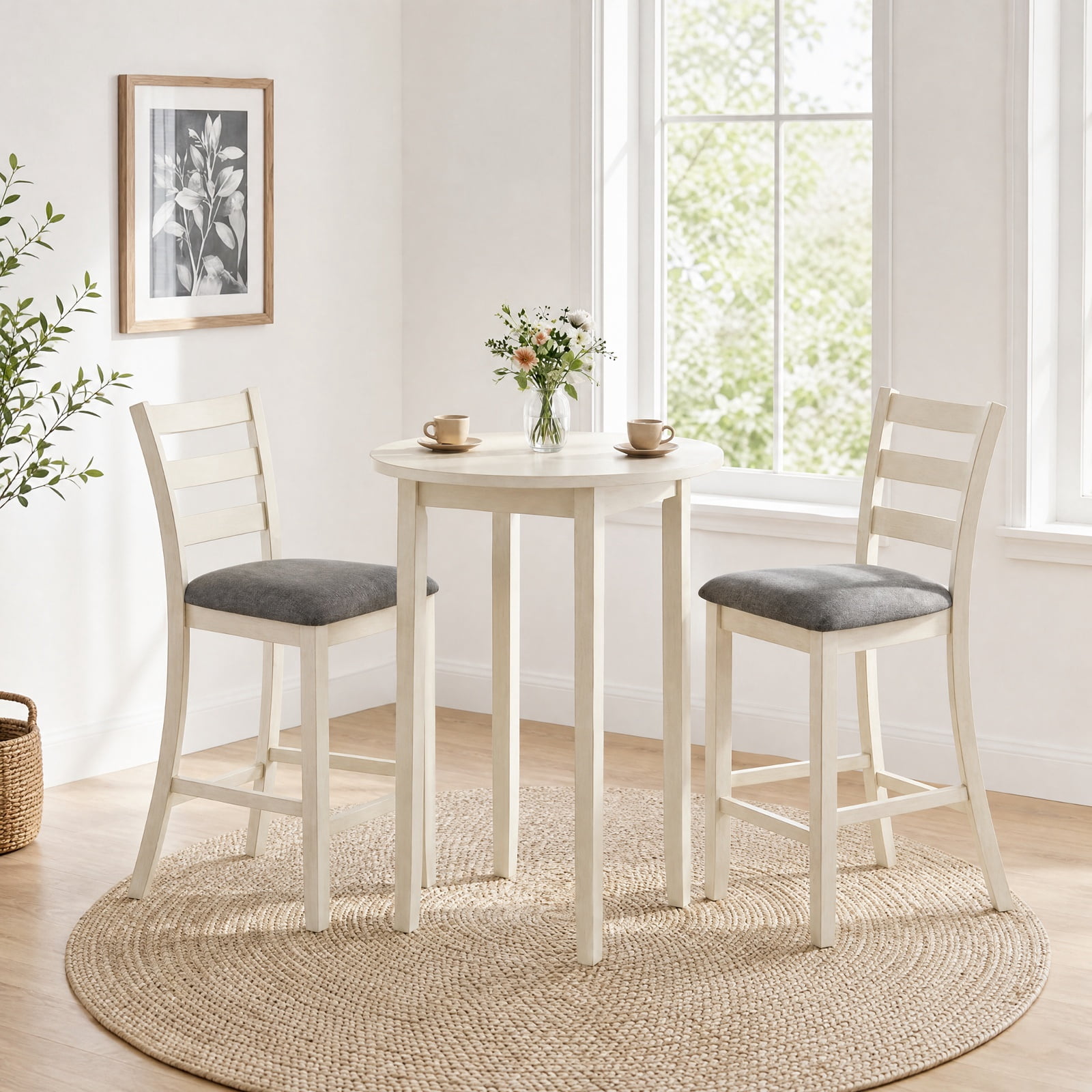 Furnibear Counter Height Chairs Set of 2 with Fabric Seat and Rubber Wood Legs, Upholstered Bar Stools with Backrest, Beige