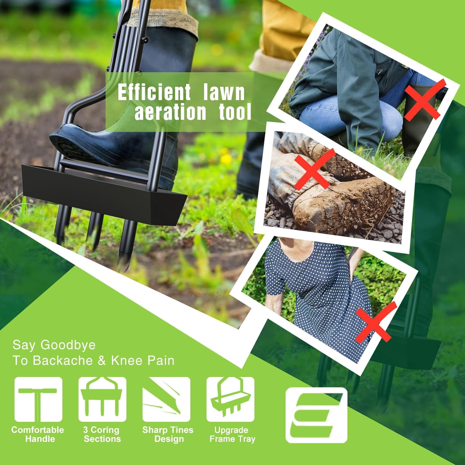 Lawn Aerator Coring Tool, Manual Aerator Lawn Tool with Soil Storage Basket, 3 Core Tines Yard Aeration Tools with Cleaning Tool, Plug Aerator for Compacted Soil & Lawn Care