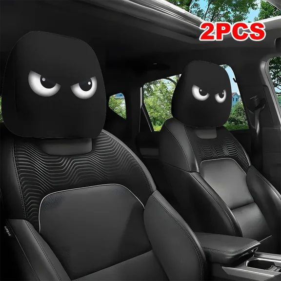 2 Pack Funny Cartoon Car Headrest Covers, Slanted Eyes Anime Style Car Seat Headrest Cover for Halloween Christmas Holiday Car Interior Decoration