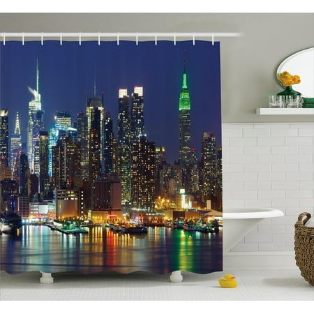 New York Shower Curtain, NYC Midtown Skyline in Evening Skyscrapers Amazing Metropolis City States Photo, Fabric Bathroom Set with Hooks, Royal Blue, by