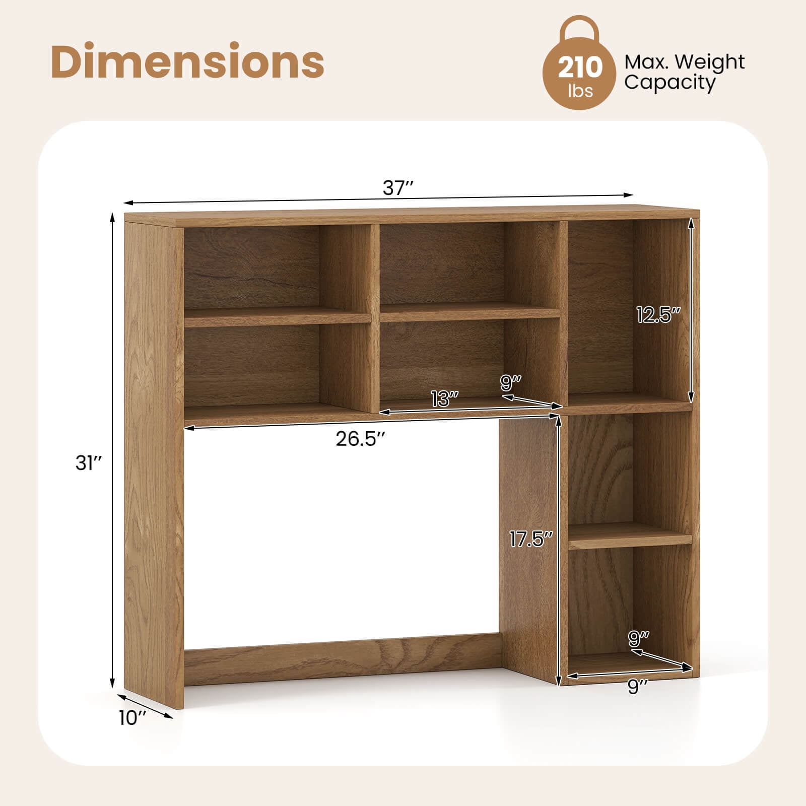 Costway Desktop Bookshelf Desk Storage Hutch with 7 Open Cubbies & 3 Adjustable Shelves Natural