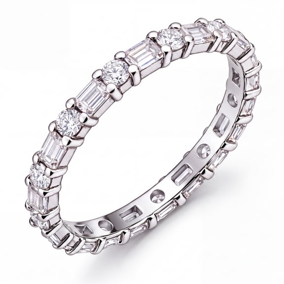 JeenMata 5.5 Carat Emerald & Round Cut April Birthstone Cubic Zirconia Eternity Wedding Band Ring, Alternating Birthstone Anniversary Band in 18K White Gold Plating for Women