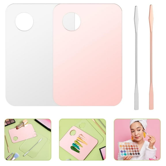2Pcs Cosmetic Makeup Palette, Nail Art Palette with 2Pcs Spatula, DIY Makeup Mixing Palette, Beauty Salon Color Cream Mixing Palette, Nail Art Painting Mixed Color Palette for Women GIrls, Pink&Clear