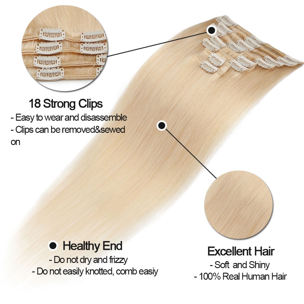 SEGO Human Hair Clip In 100% Remy Human Hair Extensions 8PCS 18 Clips Virgin Human Hair Natural Smooth Full Head