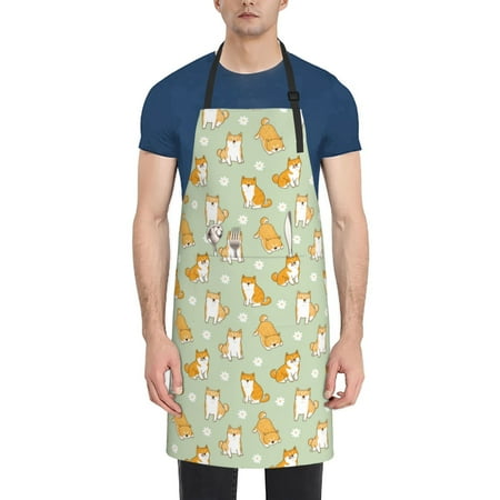 

Xecao Dog And Flower Print Kitchen Cooking Aprons Waterproof Adjustable Bib Aprons with 2 Pockets for Women Men Chef