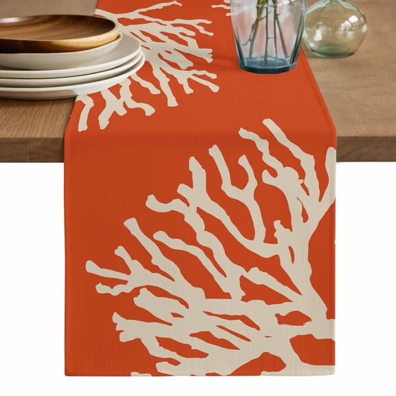 Coral Orange Table Runner, Coastal White Ocean Marine Nautical Beach Washable Cotton Linen Table Runners 48 Inches Long, Dresser Scarf Runner for Nightstand/Coffee/End Tables 13''x48''