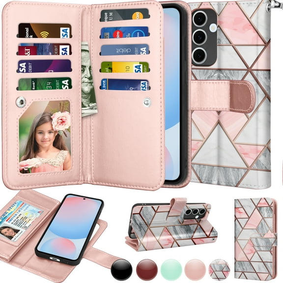 Wallet Case for Samsung Galaxy S24 FE Wallet Case 6.7" 5G (2024), [9 Card Slots] Luxury PU Leather Credit Holder Carrying Folio Flip [Detachable] Kickstand Magnetic Phone Cover & Lanyard [Marble]