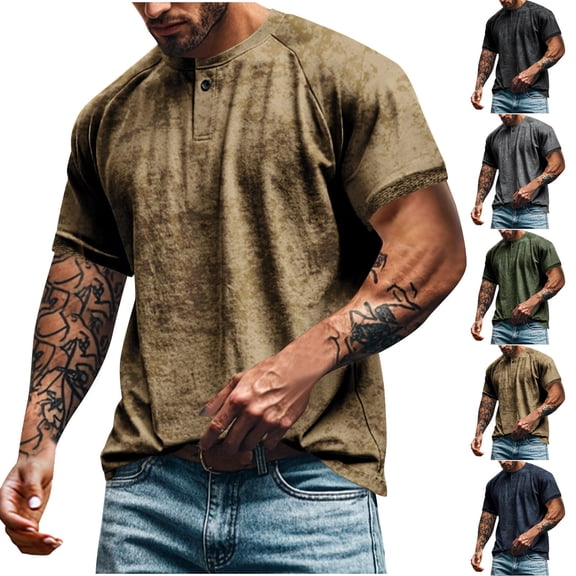 RongHuan Mens Distressed Henley Shirts Lightweight Workout T-Shirts Vintage Short Sleeve Tee Regular Fit Button Up Top