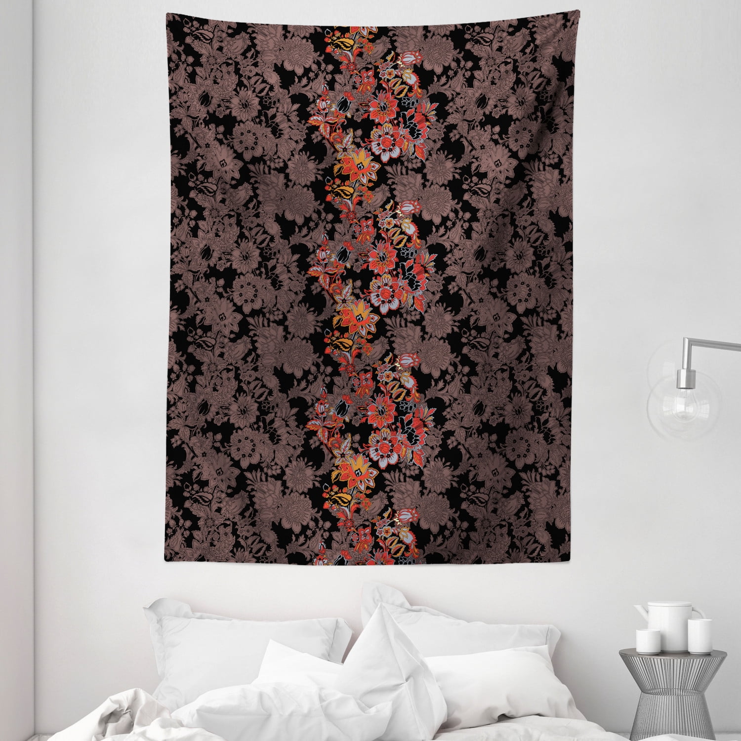 Flower Tapestry, Flowers of Asia in Japanese Art Style Vivid Floral Pattern  Boho Print, Wall Hanging for Bedroom Living Room Dorm Decor, 60W X 80L  Inches, Black Orange Mustard, by Ambesonne 
