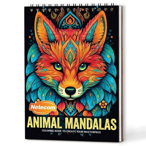 Netecom Animal Mandalas Coloring Book Spiral Bound for All Ages, A5 Wooden Cover, 30 Intricate Animals Coloring Pages of Mandala Style for Stress Relief and Relaxation