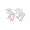 thumbnail image 2 of BemeyourBBs Toddler Baby Girls Summer Clothes Silly Goose Outfit Short Sleeve Letters Print Ruffle T Shirt Tops with Bell Bottom Flare Pants 2Pcs Clothing Set, 2 of 9