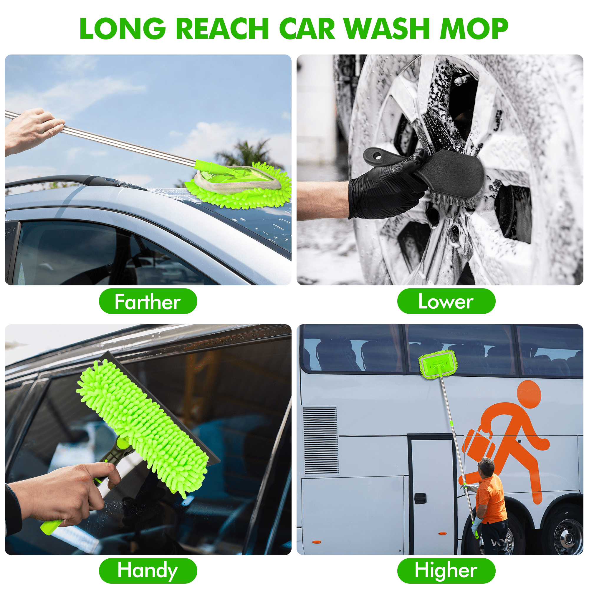 OWNTECH 62" Car Wash Brush & Cleaning Kit - 8-Piece Set with Long Handle Mop, Extra Mop Head, Wheel Brush, Glass Squeegee, Chenille Duster & Wash Mitt for Cars RV Truck Boat(Green)