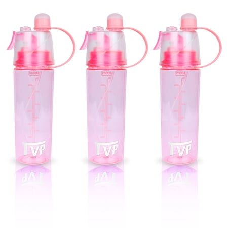 TVP Mist Spray and Sip, 2 in 1 Water Bottle for Sports & Outdoor Use, 20oz Pink 3 Pack
