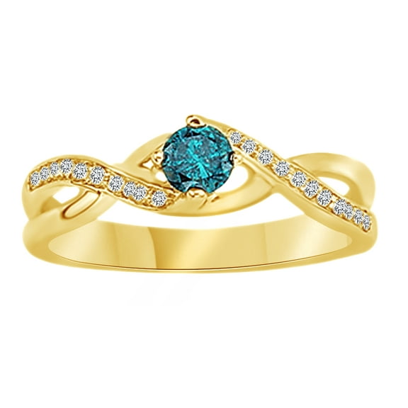 AFFY Round Cut Blue & White Natural Diamond Solitaire Engagement Ring In 14K Solid Yellow Gold