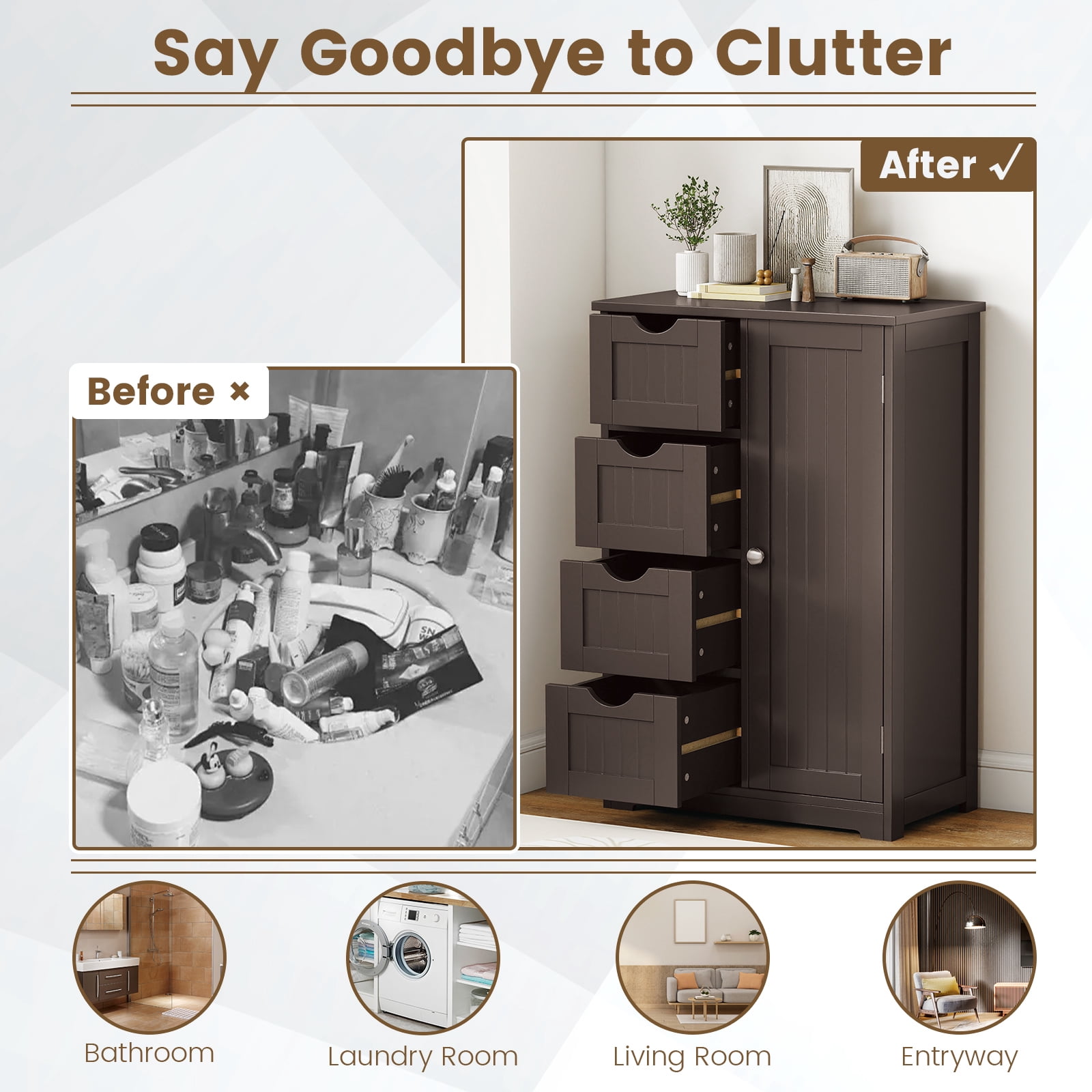 Gymax Bathroom Floor Storage Cabinet Wooden Freestanding Bathroom Storage Unit w/ 1 Door & 4 Drawers Brown