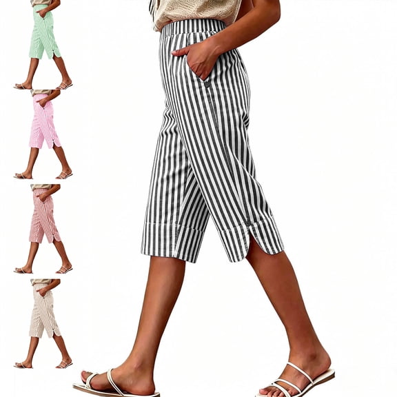 MLCDZ Womens Striped Pants Summer Lounge Loose Cute Side Slits Capri Pants Casual Wide Leg Beach Vacation Capris with Pockets