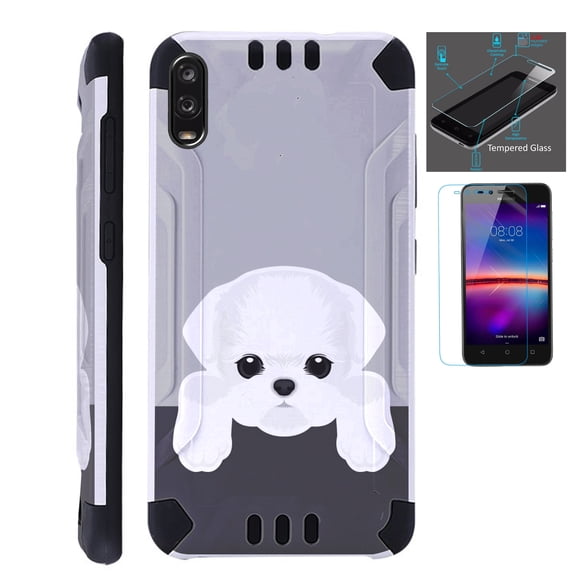 WORLD ACC Combat Guard Phone Case Compatible with TCL A2X + Screen Protector Brushed Metal Texture Hybrid Cover (Cute Dog Maltese)