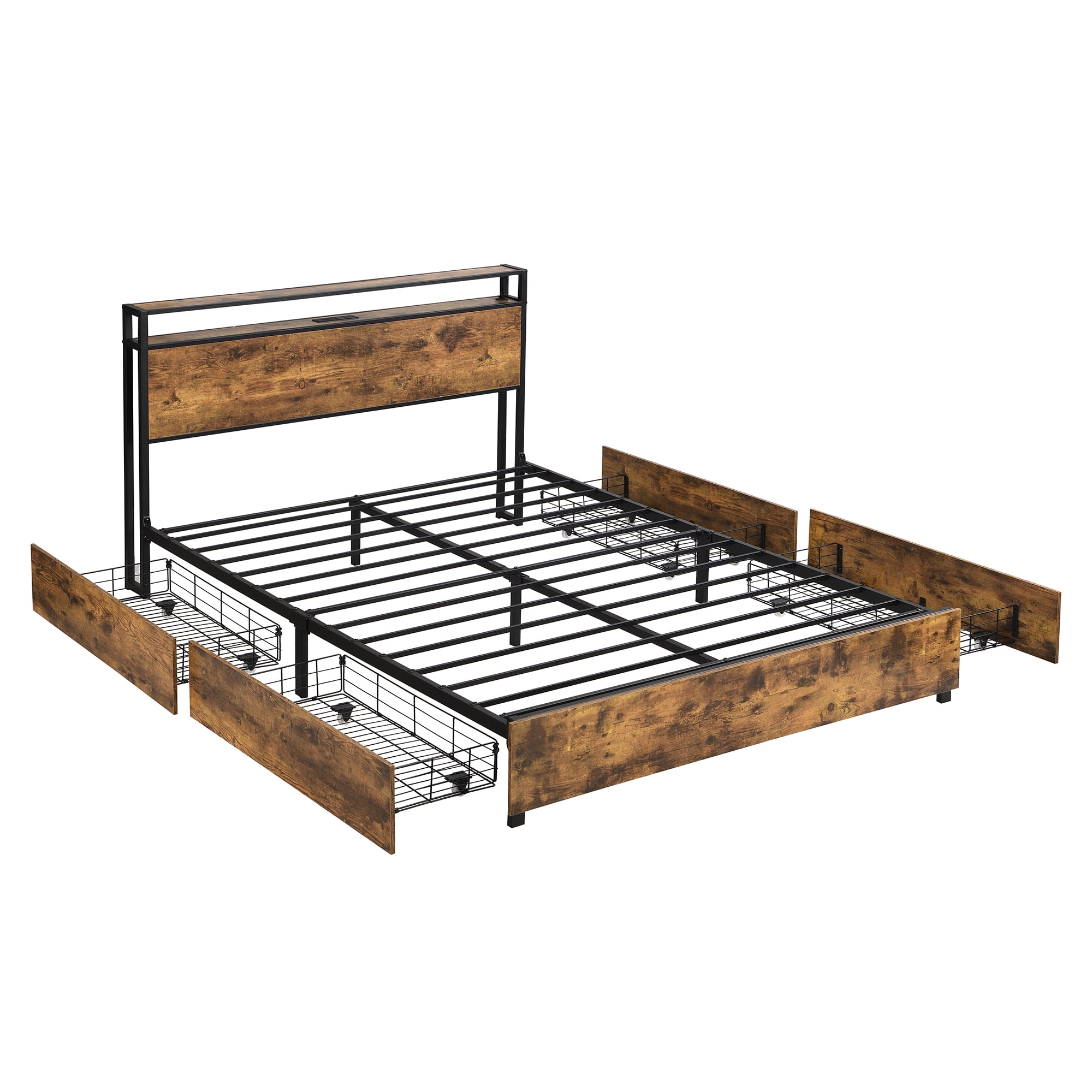 Miniyam Queen Size Bed with Charging Station, Storage Drawers for Adult, Brown