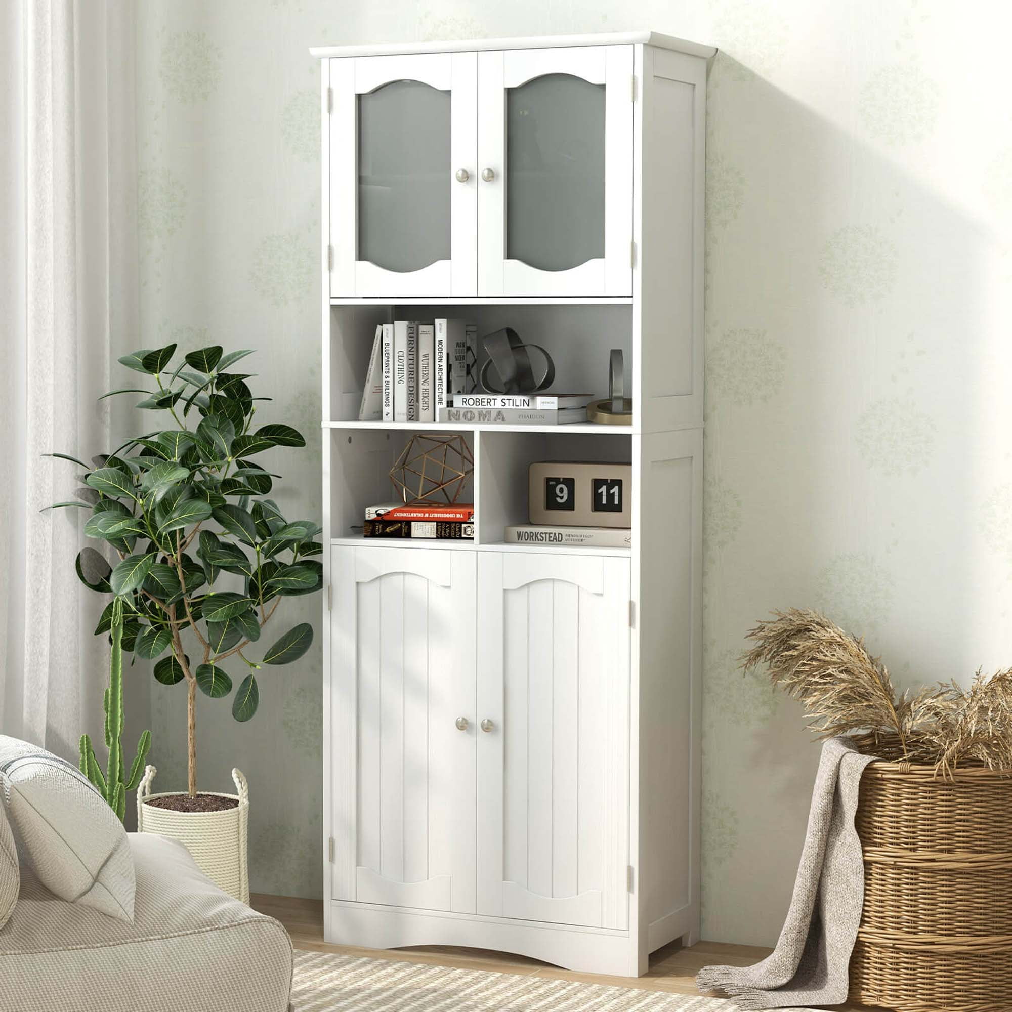 Costway 58.5" Tall Bathroom Storage Cabinet Freestanding Linen Cabinet with Shelves White