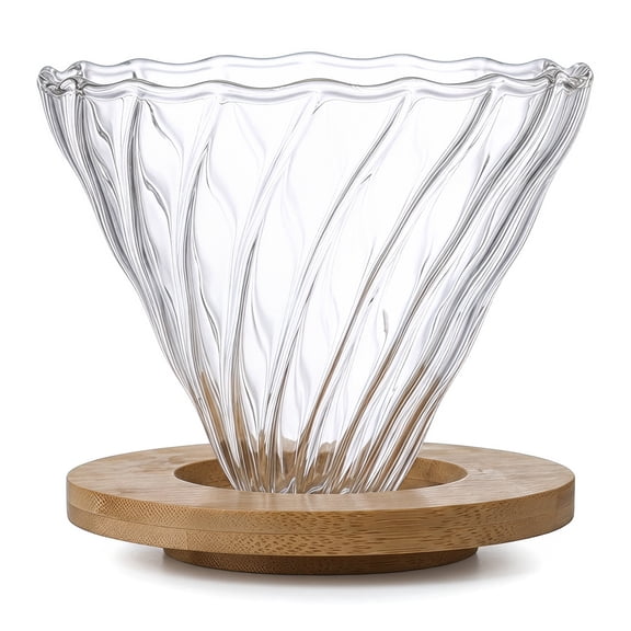 FGXMBXG Glass Coffee Drip Filter with Wooden Base - V60 Pour-over Coffee Pot, Reusable Glass Filter Cup, Spiral Ribs Design, Simple and High-End Coffee Accessories