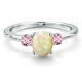 thumbnail image 3 of Gem Stone King 14K White Gold White Ethiopian Opal and Pink Lab Grown Diamond Engagement Ring for Women | 0.77 Cttw | Oval Cabochon 7X5MM | Gemstone October Birthstone | Size 6, 3 of 6