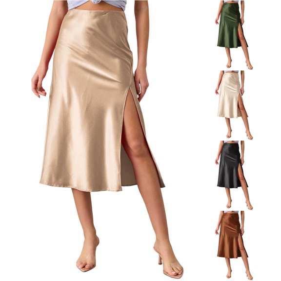 Womens Satin Silk High Waist Slit Midi Skirt Elastic Waistband Midi Skirts for Women Adult Skirts for Women plus Size S