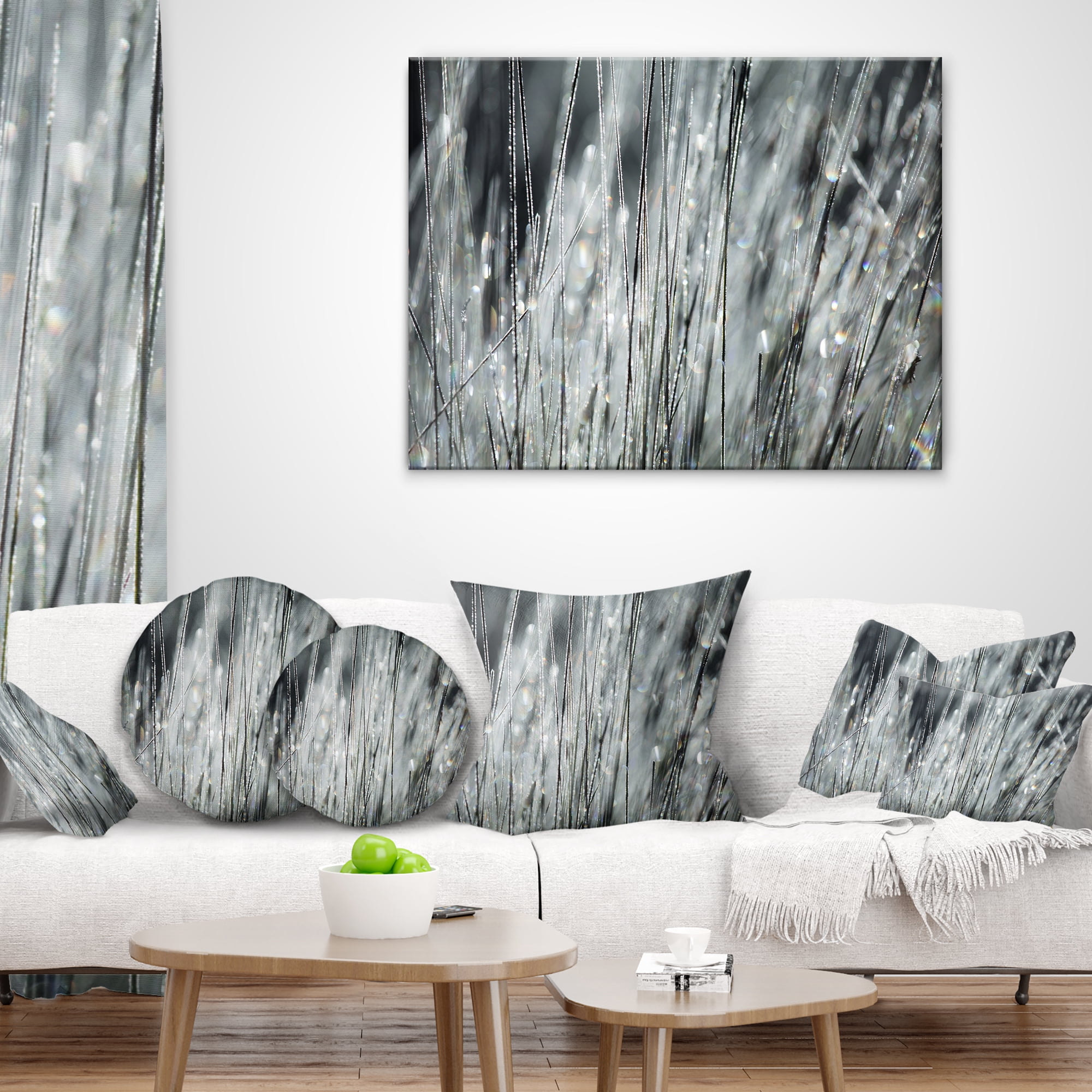 Designart Raindrops on Grass Black White - Landscape Printed Throw Pillow - 18x18
