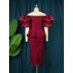 thumbnail image 4 of Vestidos de encaje con hombros descubiertos, color burdeos, cintura alta, Peplum, vestidos elegantes de noche para mujer, vestidos de fiesta de invitados de boda y cumpleaños para mujer, 4 of 4
