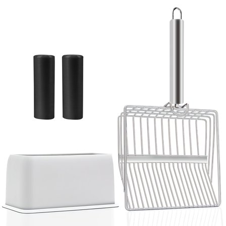 Amaopus Metal Cat Litter Scoop with Holder, Poop Scooper with Stand & 2 Rolls of Garbage Bag, Heavy Duty Stainless Steel Shovel, Kitty Quick Sifter for Easy Cleaning, Essential Item for Cat