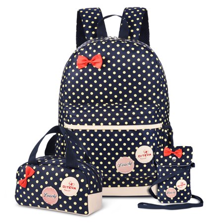 Vbiger Chic Canvas Backpack Set 4-in-1 Shoulder Bags Casual Student Daypack for Girls & Boys, Cute Cat Pattern, Light