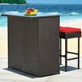 thumbnail image 3 of Patiojoy 3PCS Patio Wicker Rattan Bar Set Table w/2 Red Cushioned Stools, 3 of 10