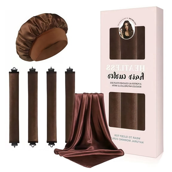 Wanfoou Heatless Hair Curlers for Overnight Curls, 4 Pack No Heat Velvet Curling Rods to Sleep In - Includes Satin Hair Scarf And Sleep Cap (Brown)