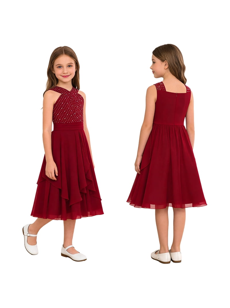 LiiYii Girls Shiny Ruched Junior Bridesmaid Dress Sleeveless V Neck Princess Wedding Birthday Party Dresses Burgundy 16