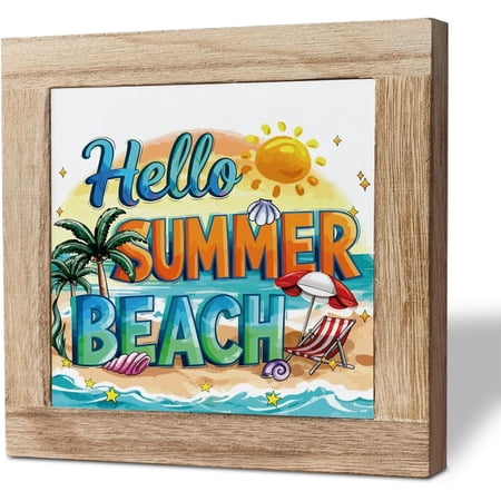 Summer Metal Sign Hello Summer Beach Desk Decor Signs Beach Home Signs Decor Metal Box Sign Decorations for Home Office Bedroom Playroom Tabletop