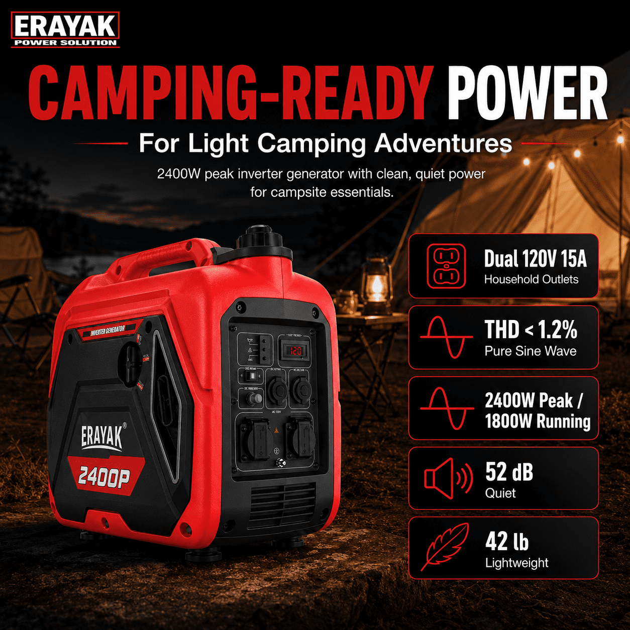 ERAYAK 2400W Portable Inverter Generator, Super Quiet Gas Powered Generator for Camping