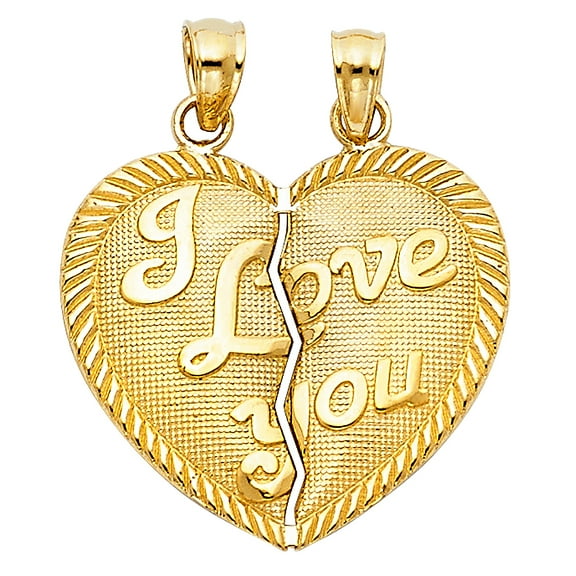 14k Yellow Gold Couples Heart I Love You Pendant Diamond-Cut Romantic Gift Charm Jewelry Female