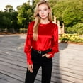thumbnail image 2 of Women's Satin Long Sleeve Blouse with Buttoned Cuffs and Subtle Puff Shoulders - X Large, Red, 2 of 7