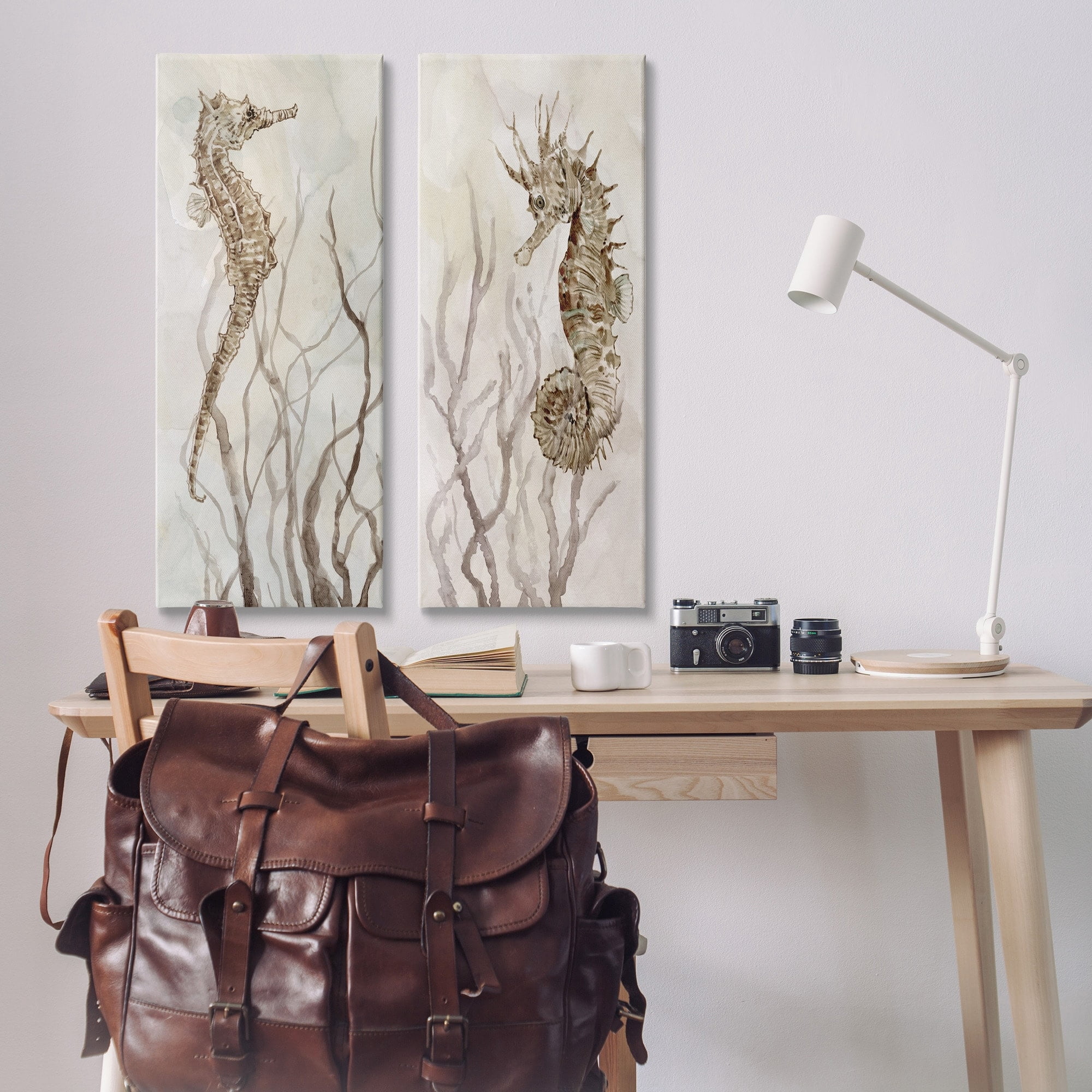 Enchanted Sea Horse Ocean Algae Marine Life 13" x 30" Framed Painting Canvas Art Print, by Stupell Home Décor Set of 2